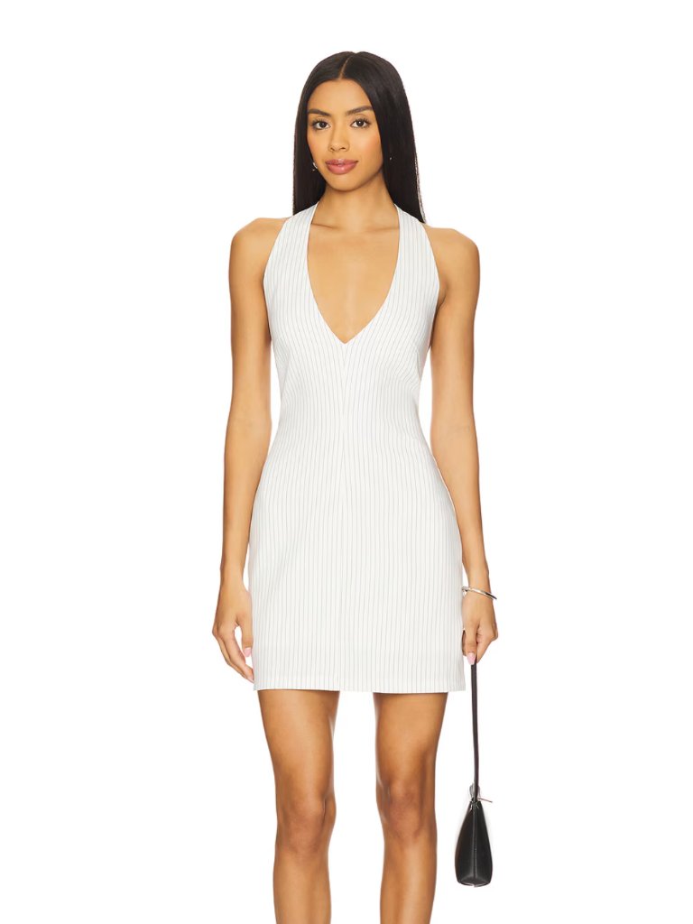Lioness Mariner Mini Dress In Foam White Pinstripe Halter V-Neck Medium M
